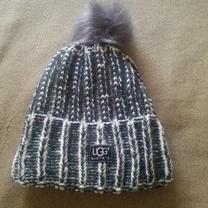 Dark Gray and White UGG Beanie Pom Pom Hat